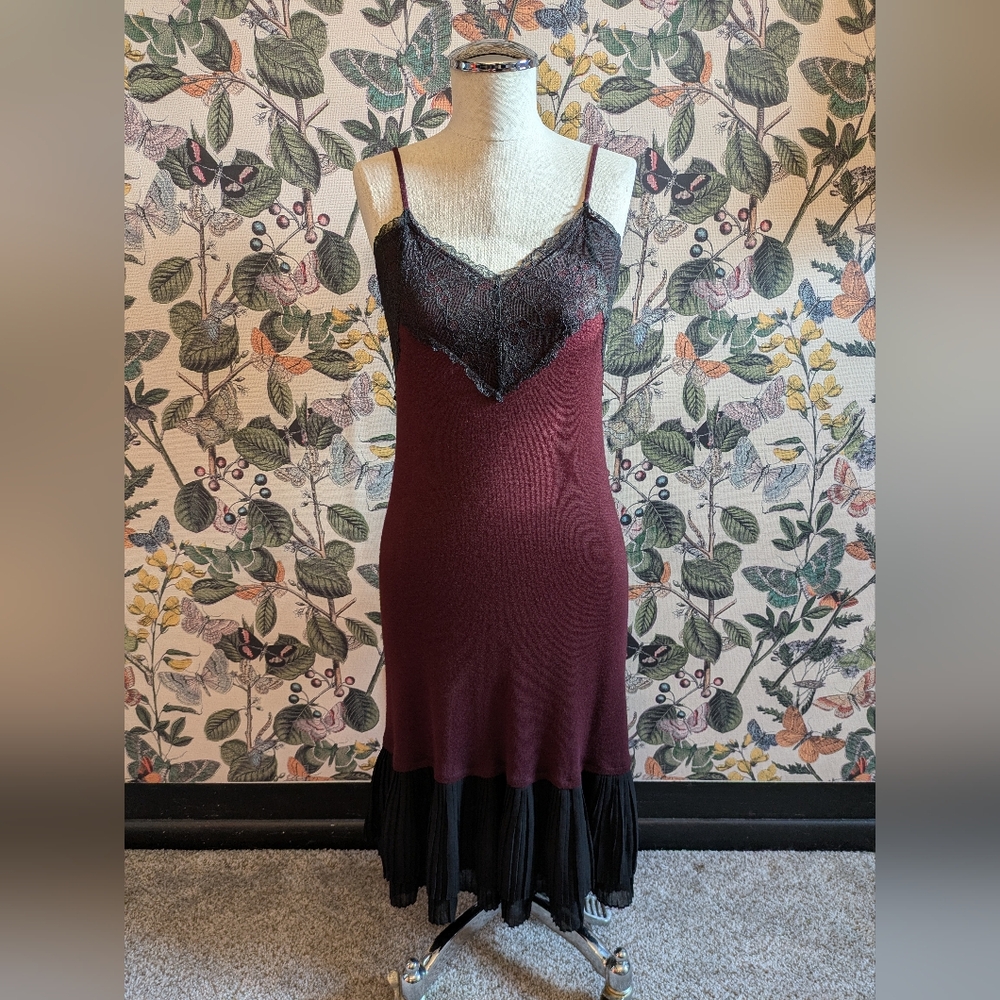 Theory Wine Cashmere and Black Lace- Slip Dress- Size Small
